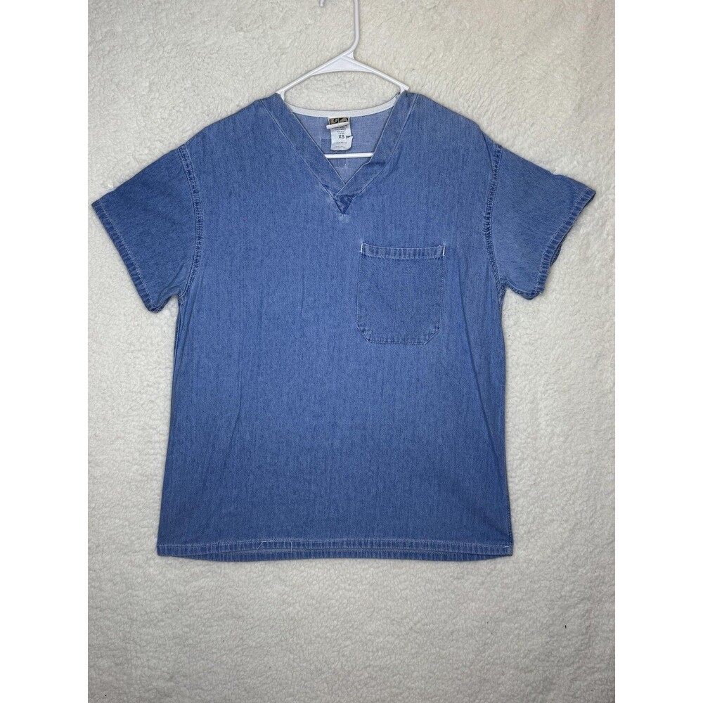 UA Scrubs Shirt Mens XS Blue Denim Cotton Pocket Medical Uniform V Neck Vintage